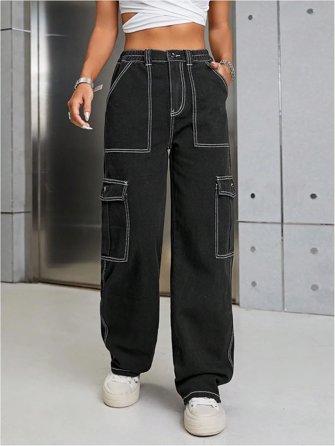 WDIRARA Women's Camo Print Cargo Jeans High Waist Wide Leg Denim Army Pants