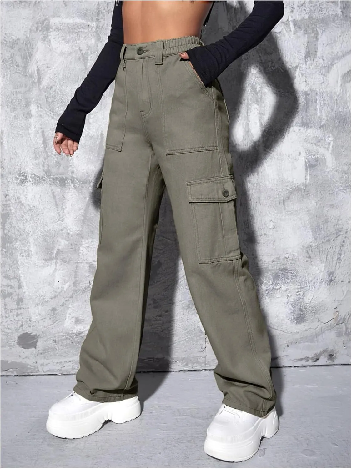 WDIRARA Women's Camo Print Cargo Jeans High Waist Wide Leg Denim Army Pants