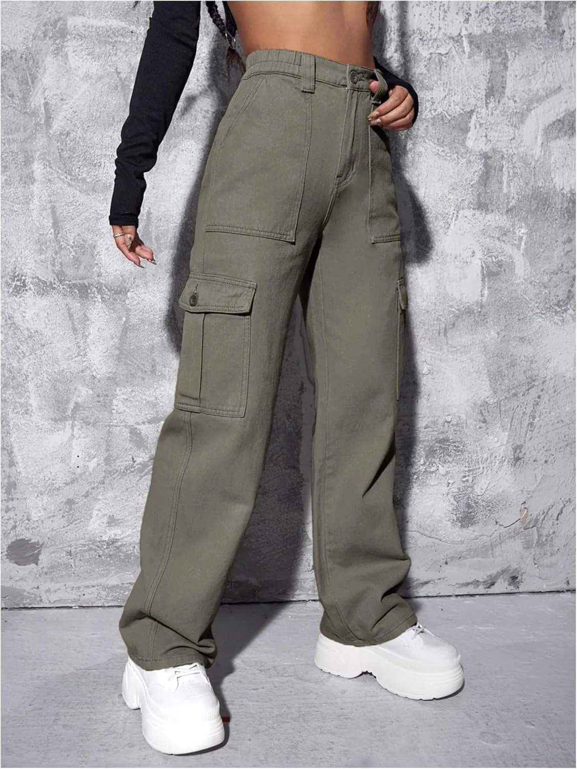 WDIRARA Women's Camo Print Cargo Jeans High Waist Wide Leg Denim Army Pants