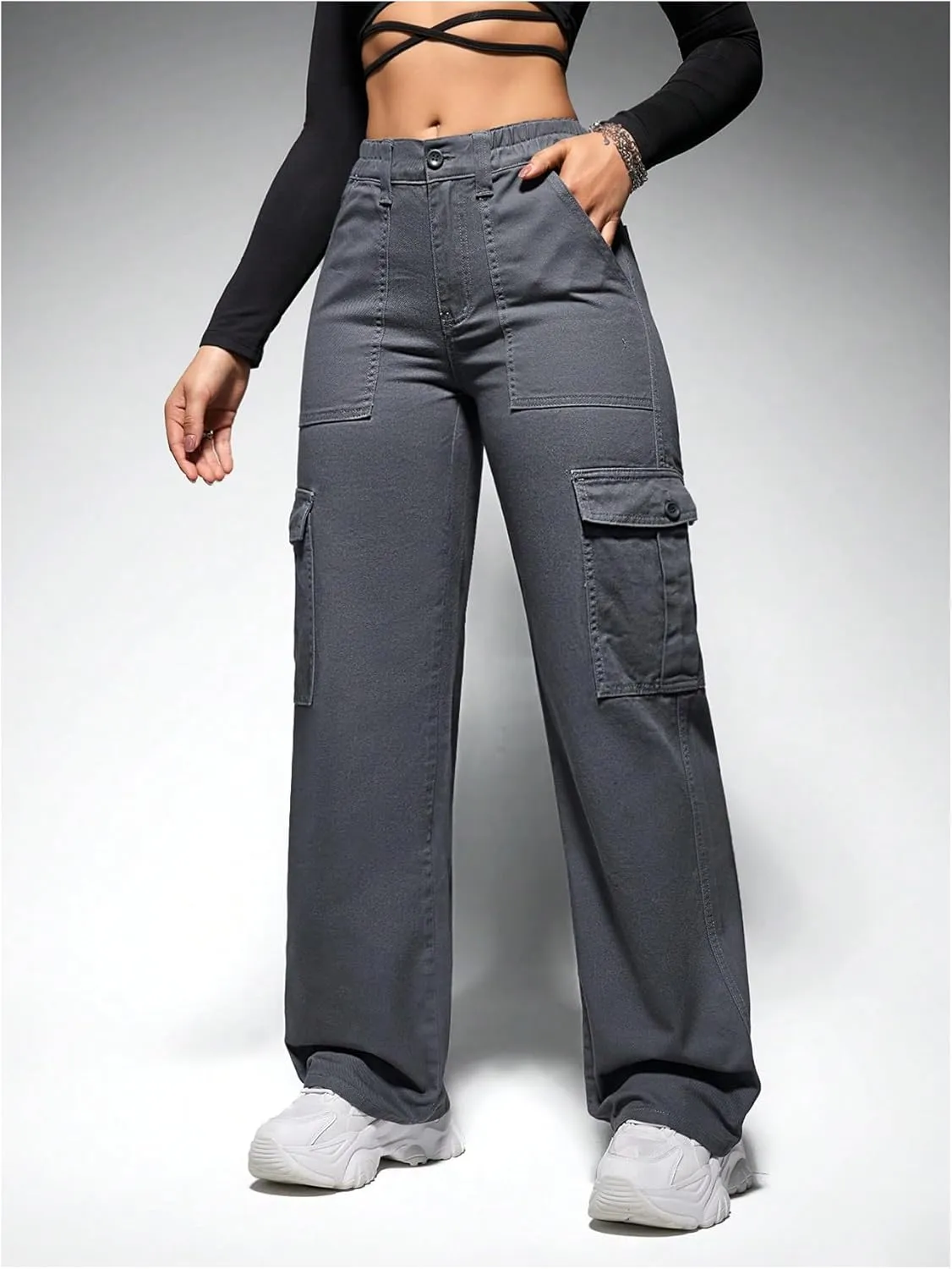 WDIRARA Women's Camo Print Cargo Jeans High Waist Wide Leg Denim Army Pants