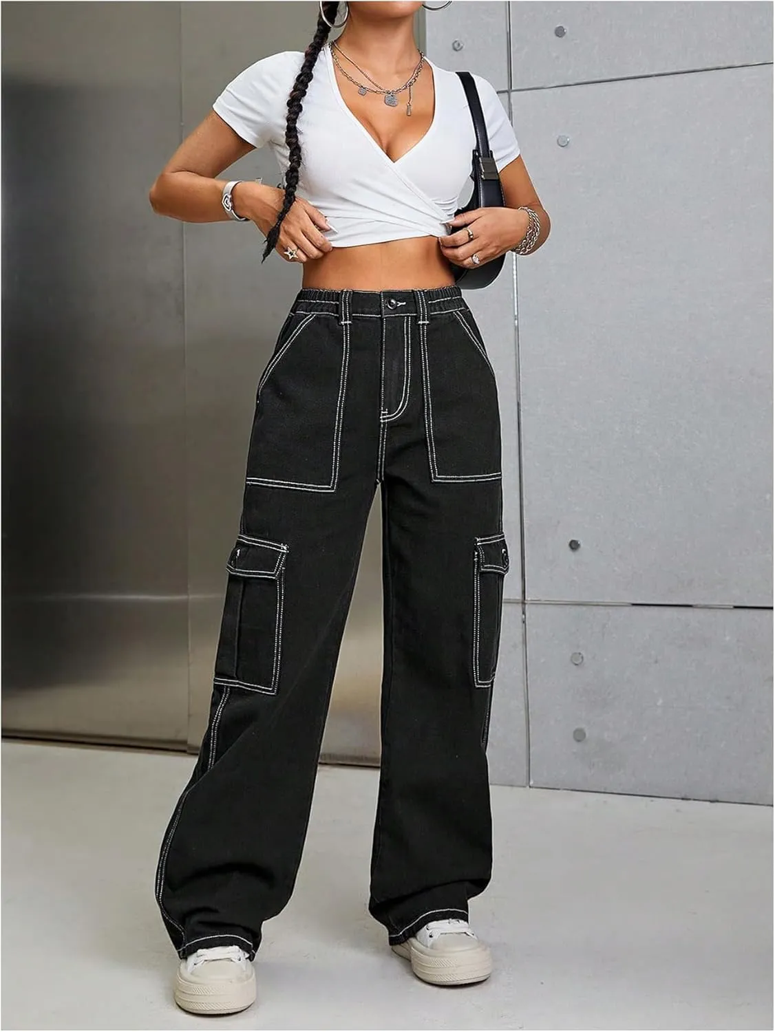 WDIRARA Women's Camo Print Cargo Jeans High Waist Wide Leg Denim Army Pants