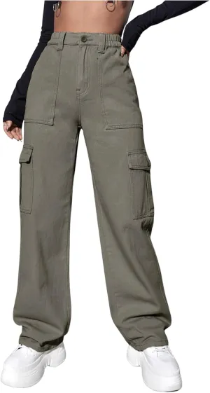 WDIRARA Women's Camo Print Cargo Jeans High Waist Wide Leg Denim Army Pants