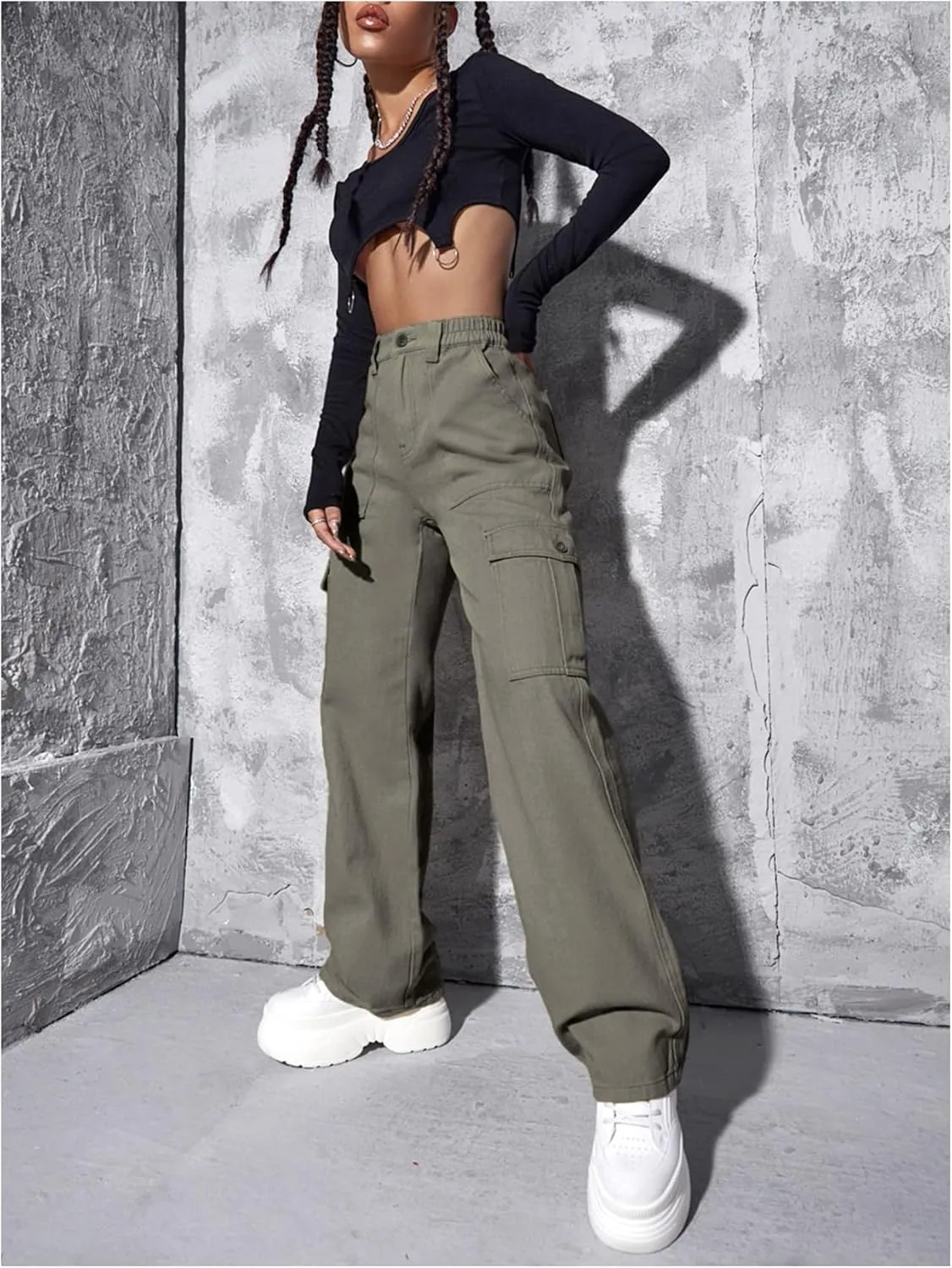 WDIRARA Women's Camo Print Cargo Jeans High Waist Wide Leg Denim Army Pants