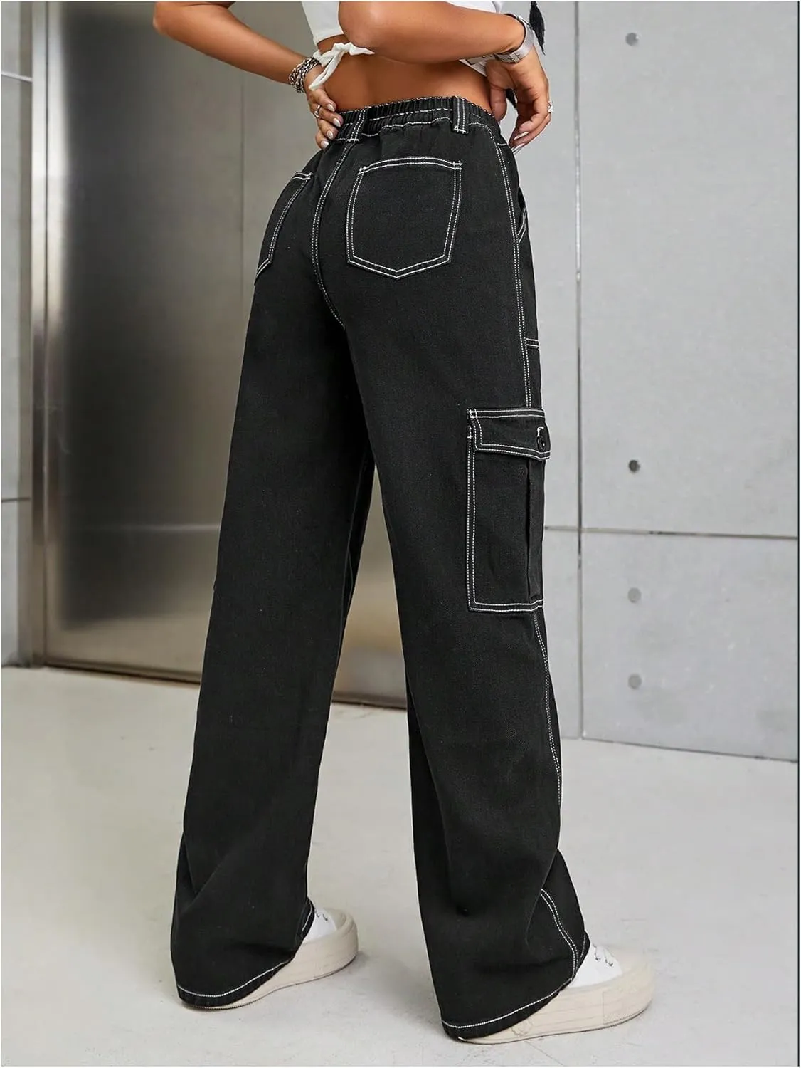 WDIRARA Women's Camo Print Cargo Jeans High Waist Wide Leg Denim Army Pants