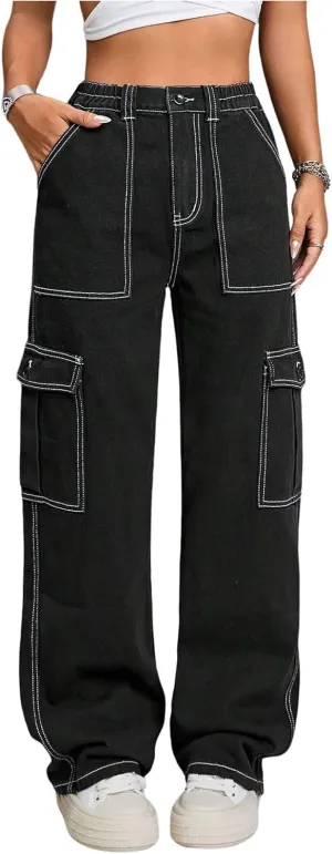 WDIRARA Women's Camo Print Cargo Jeans High Waist Wide Leg Denim Army Pants