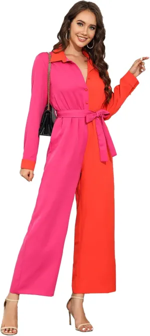 WDIRARA Women's Colorblock Button Up Belted Jumpsuit Long Sleeve High Waist Romper Pants