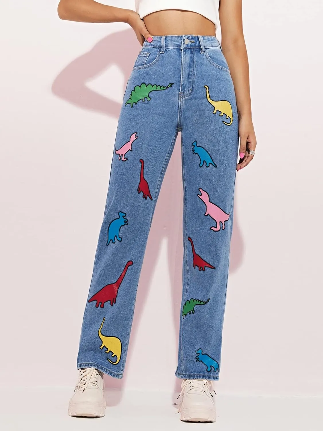 WDIRARA Women's Cow Print Ripped Jeans High Waisted Button Skinny Denim Pants