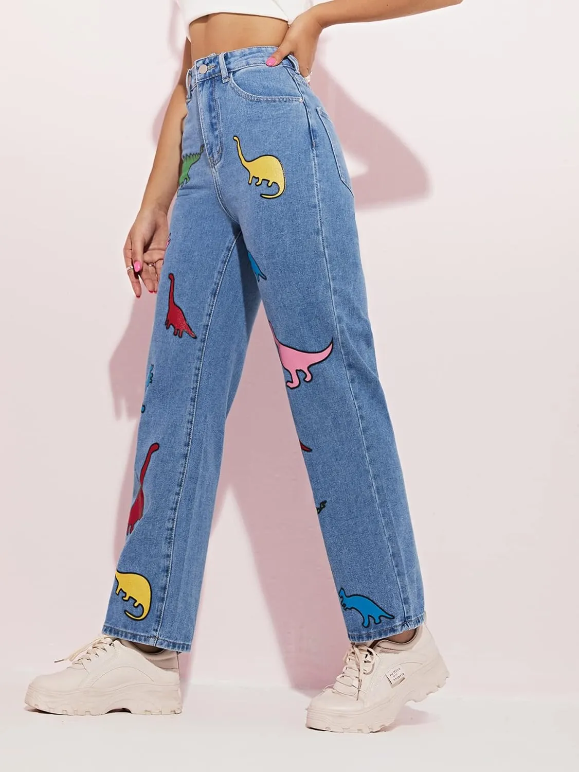WDIRARA Women's Cow Print Ripped Jeans High Waisted Button Skinny Denim Pants
