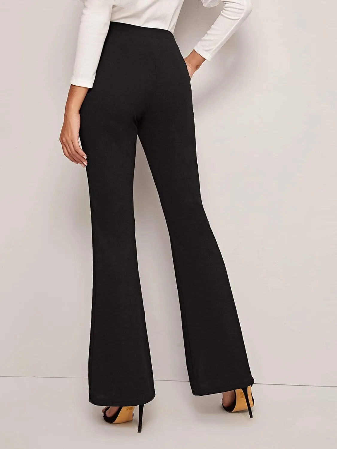 WDIRARA Women's Elastic High Waist Split Hem Flare Leg Elegant Long Pants