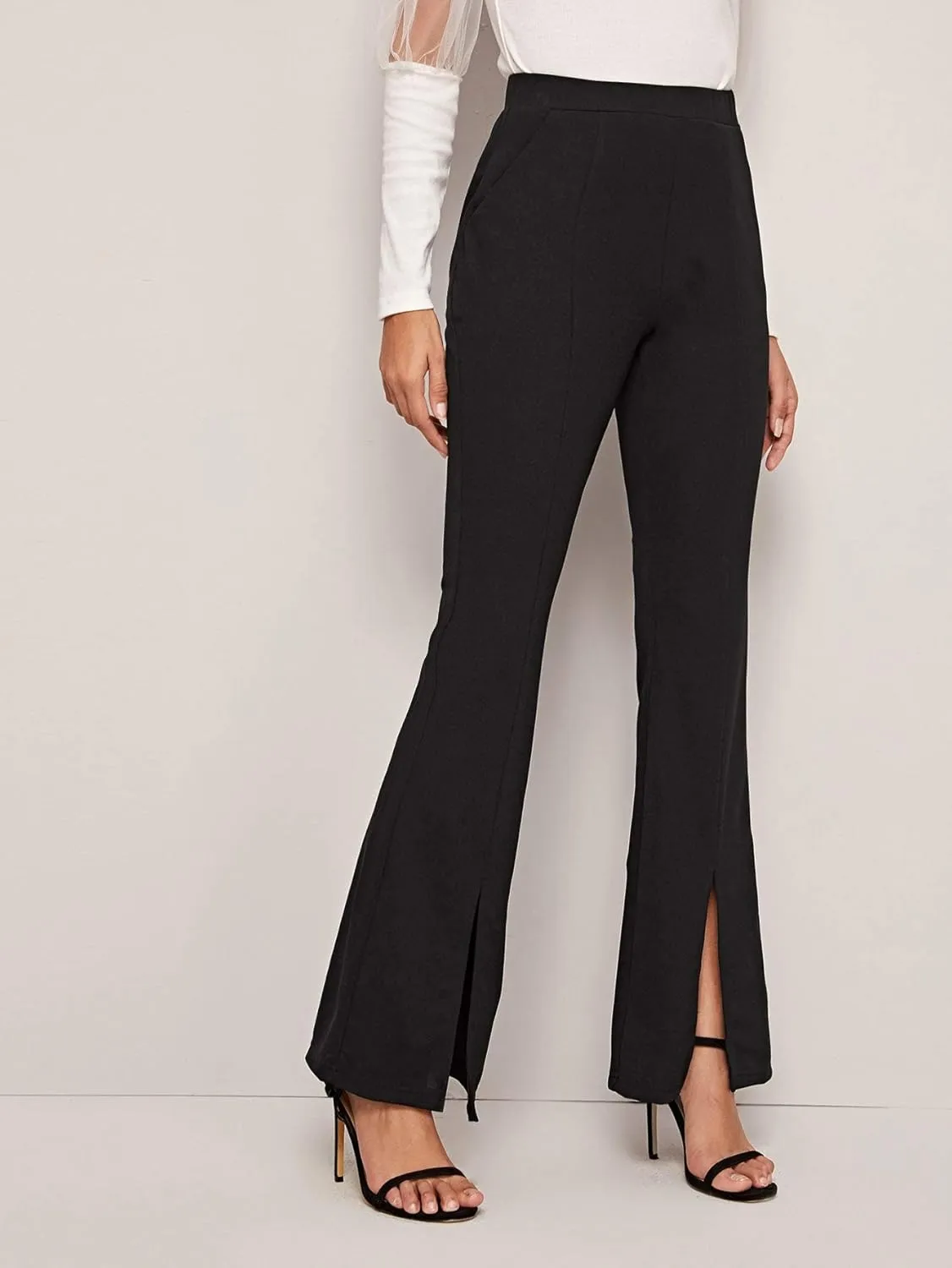 WDIRARA Women's Elastic High Waist Split Hem Flare Leg Elegant Long Pants