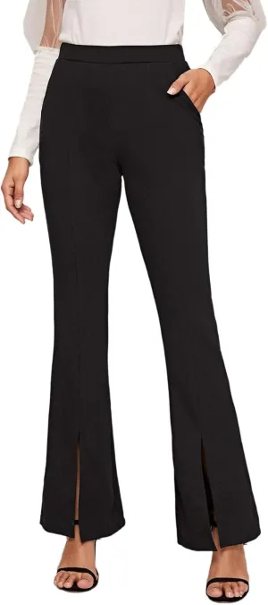 WDIRARA Women's Elastic High Waist Split Hem Flare Leg Elegant Long Pants