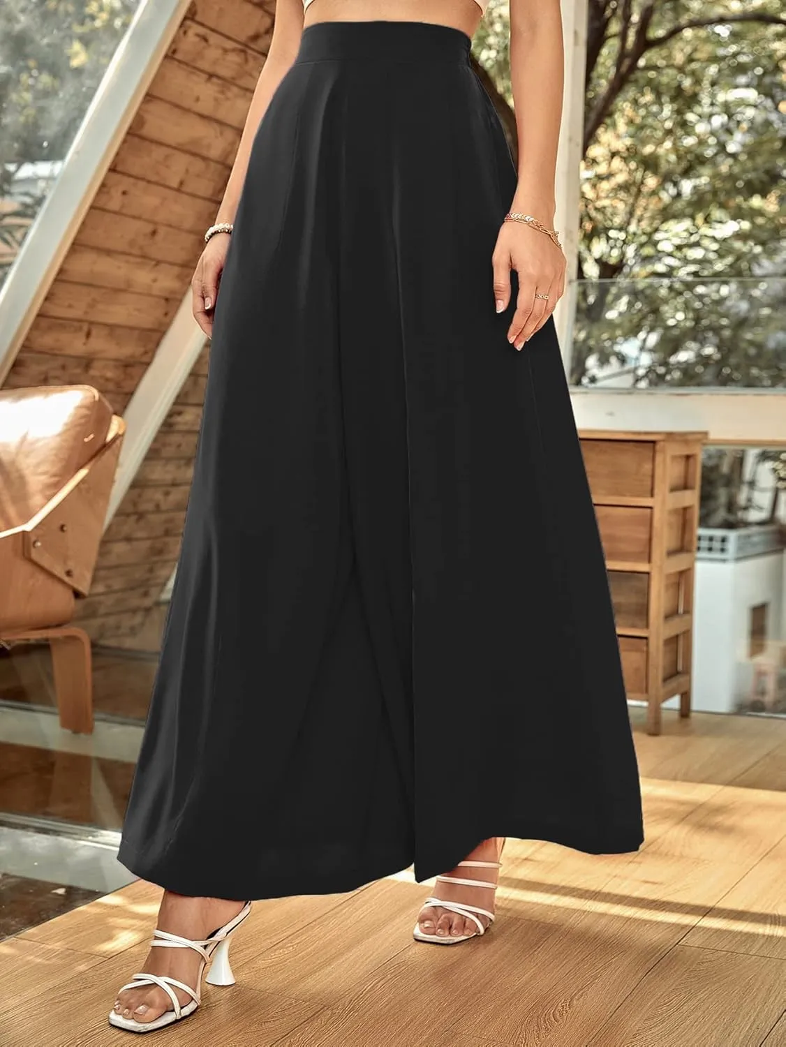 WDIRARA Women's Elastic High Waist Wide Leg Pants Casual Long Palazzo Pants