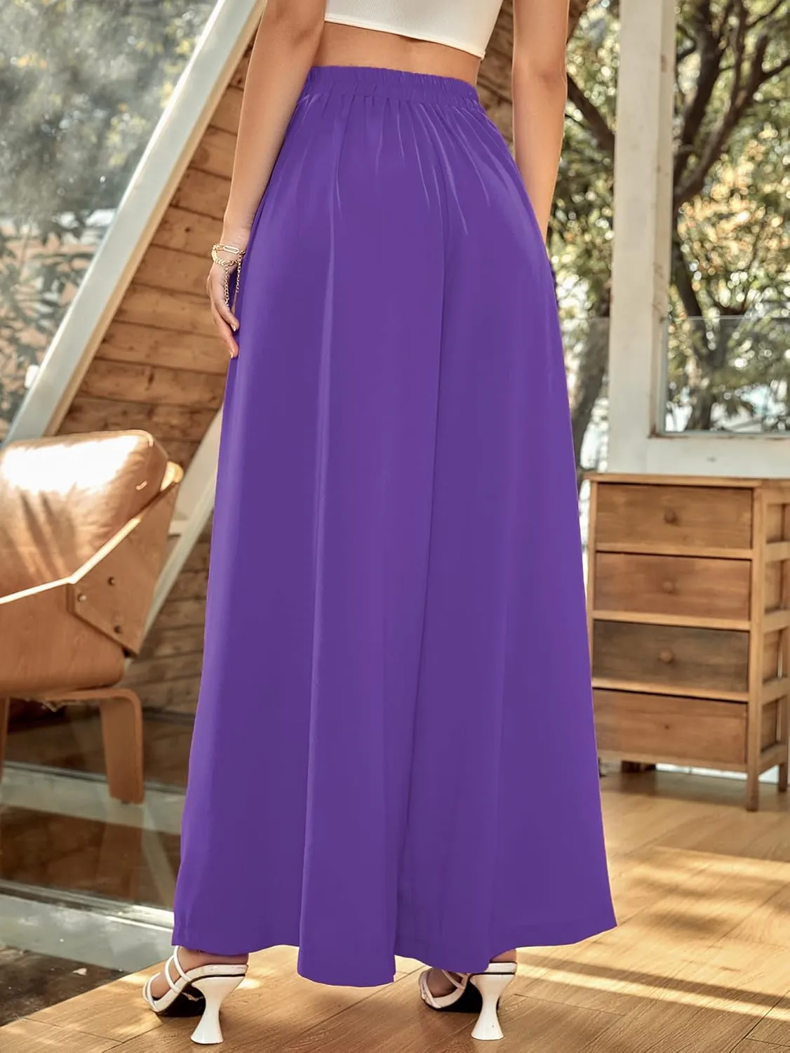 WDIRARA Women's Elastic High Waist Wide Leg Pants Casual Long Palazzo Pants