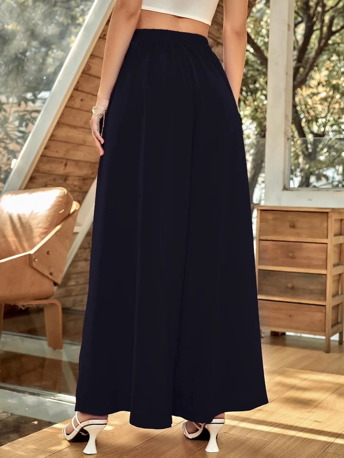 WDIRARA Women's Elastic High Waist Wide Leg Pants Casual Long Palazzo Pants