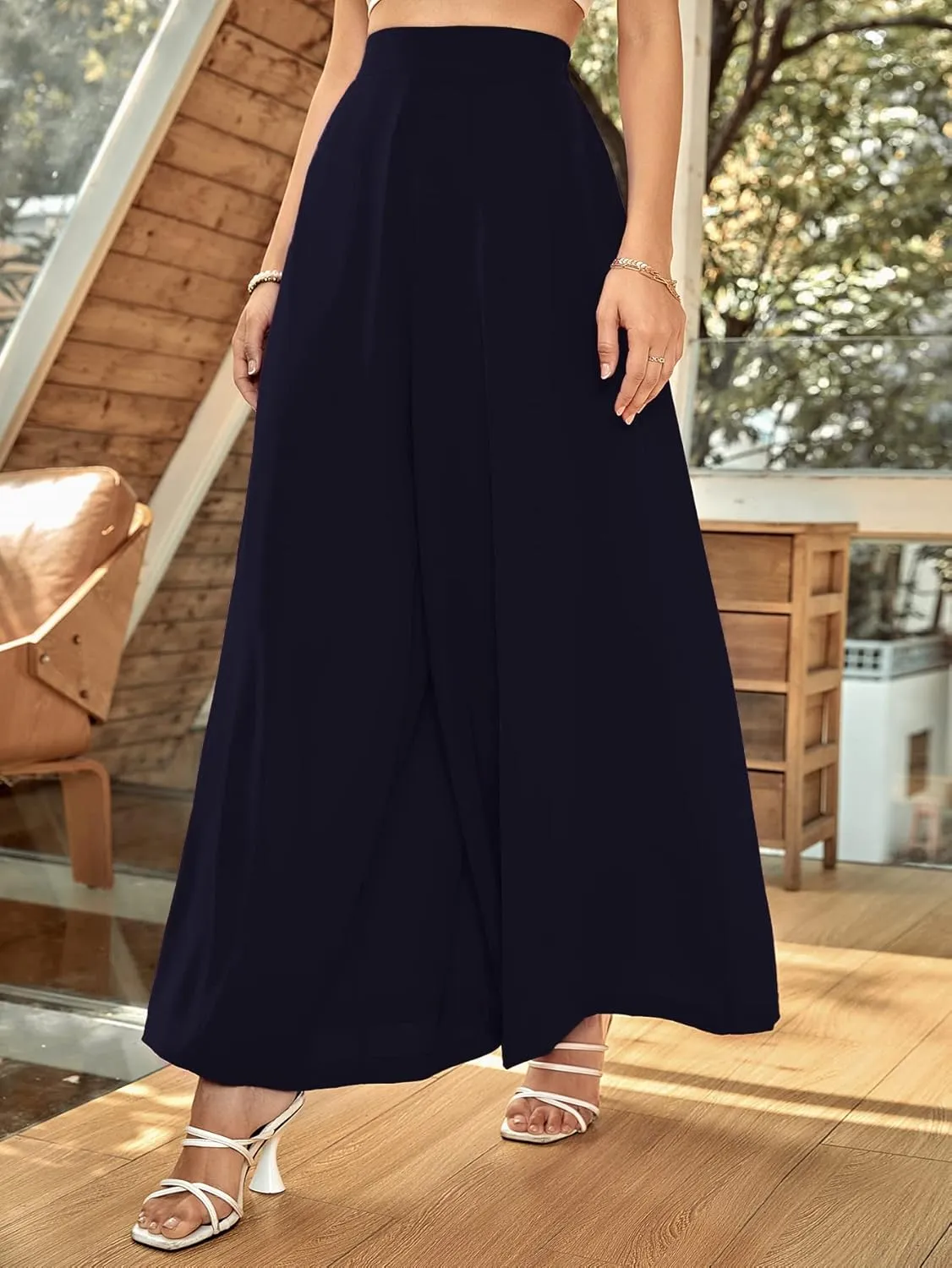 WDIRARA Women's Elastic High Waist Wide Leg Pants Casual Long Palazzo Pants