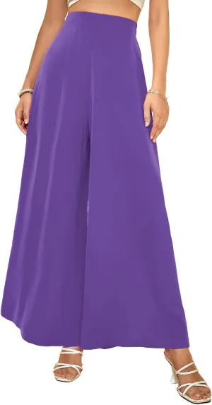 WDIRARA Women's Elastic High Waist Wide Leg Pants Casual Long Palazzo Pants
