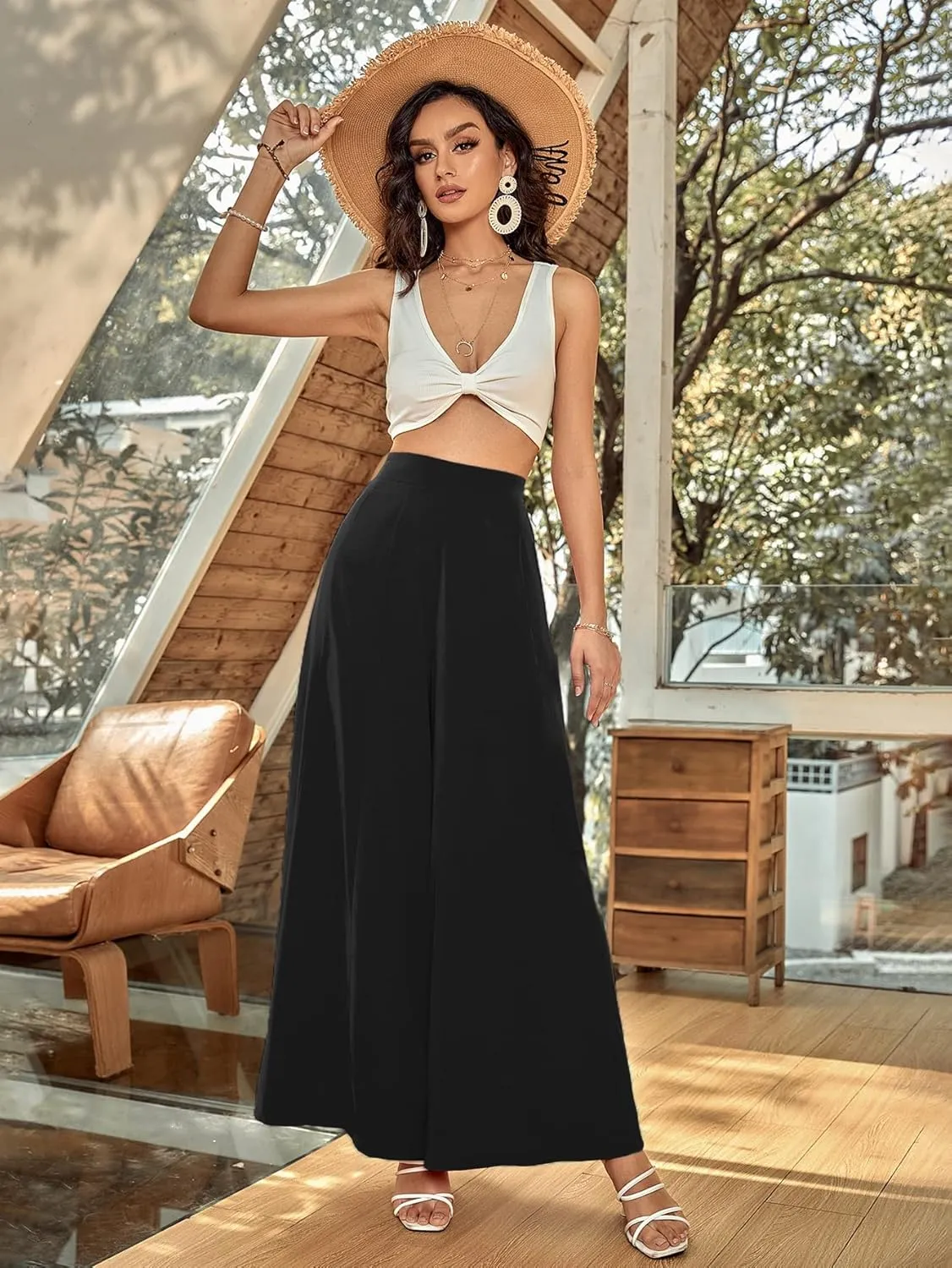 WDIRARA Women's Elastic High Waist Wide Leg Pants Casual Long Palazzo Pants