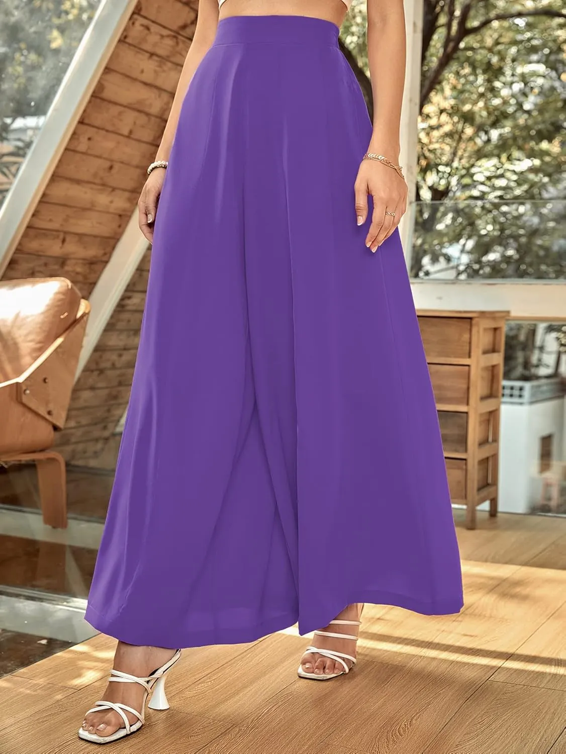 WDIRARA Women's Elastic High Waist Wide Leg Pants Casual Long Palazzo Pants