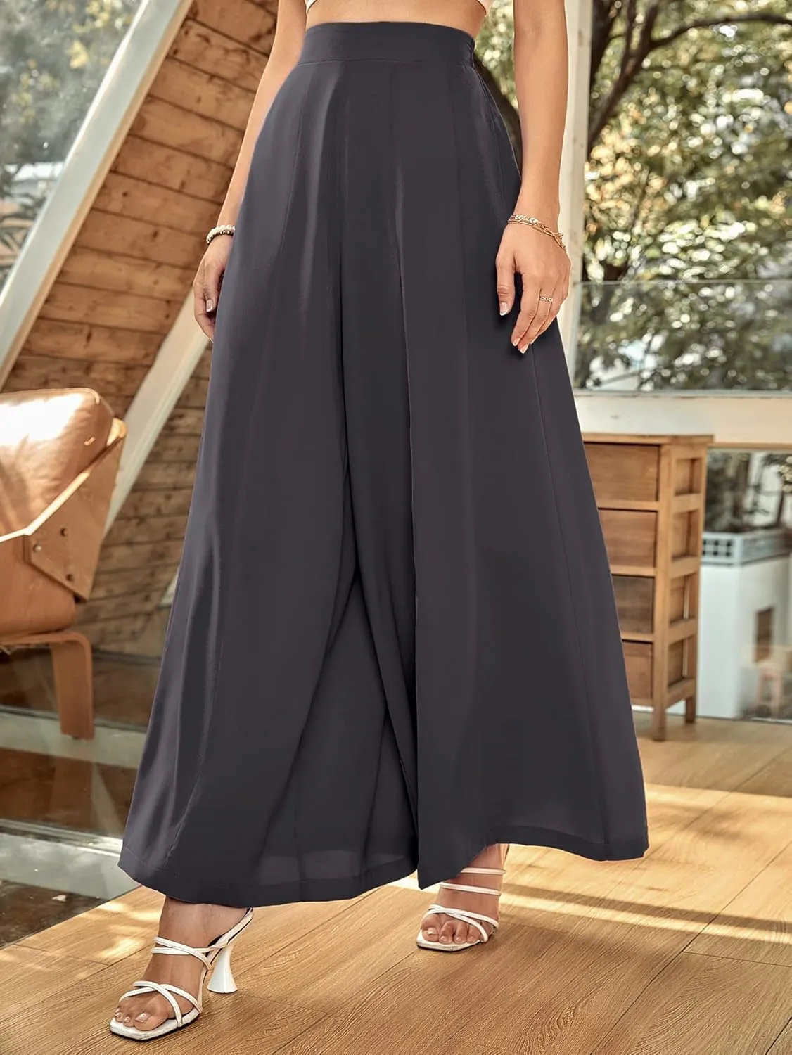 WDIRARA Women's Elastic High Waist Wide Leg Pants Casual Long Palazzo Pants