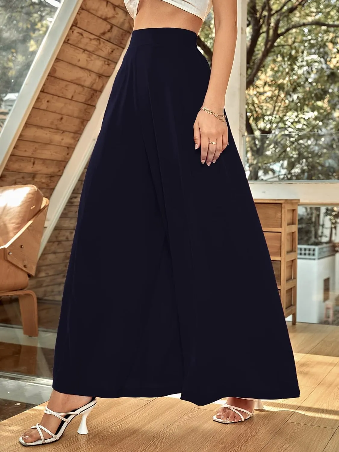 WDIRARA Women's Elastic High Waist Wide Leg Pants Casual Long Palazzo Pants