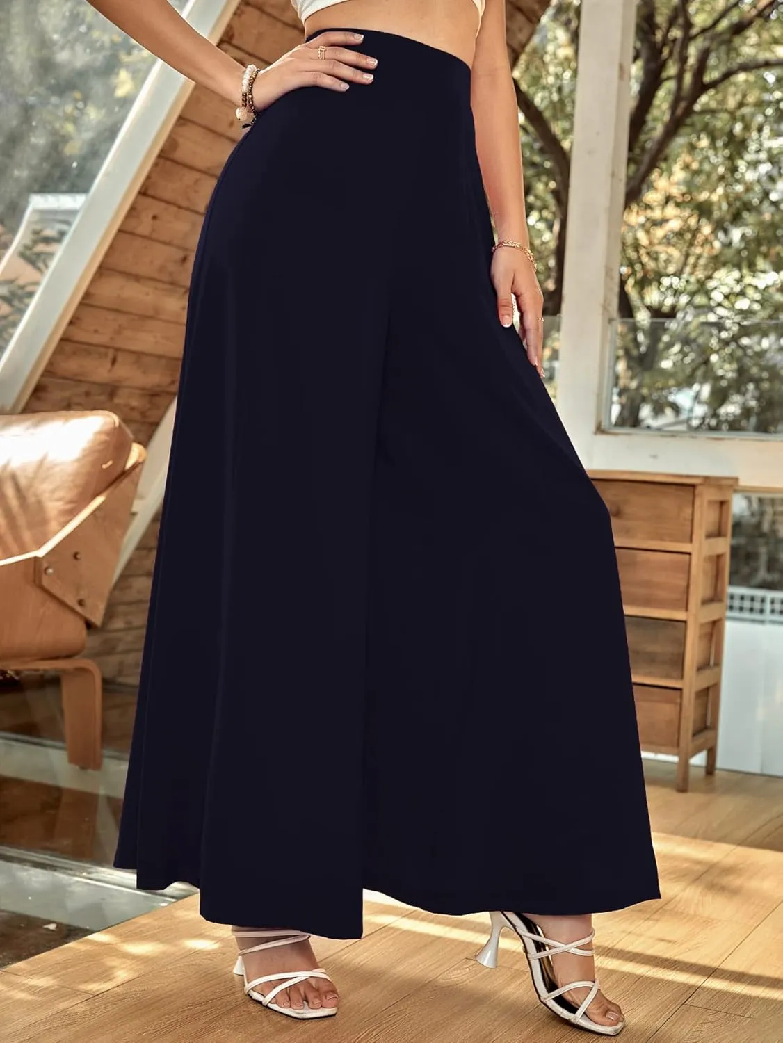 WDIRARA Women's Elastic High Waist Wide Leg Pants Casual Long Palazzo Pants