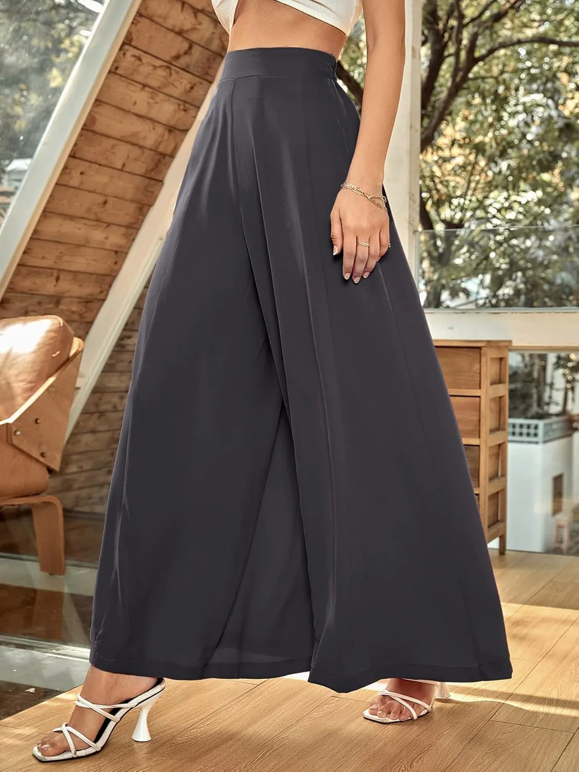 WDIRARA Women's Elastic High Waist Wide Leg Pants Casual Long Palazzo Pants