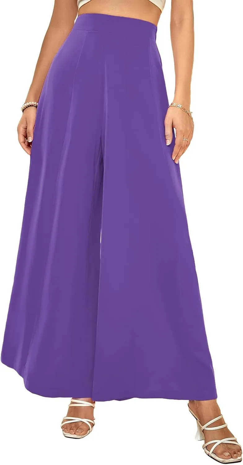 WDIRARA Women's Elastic High Waist Wide Leg Pants Casual Long Palazzo Pants