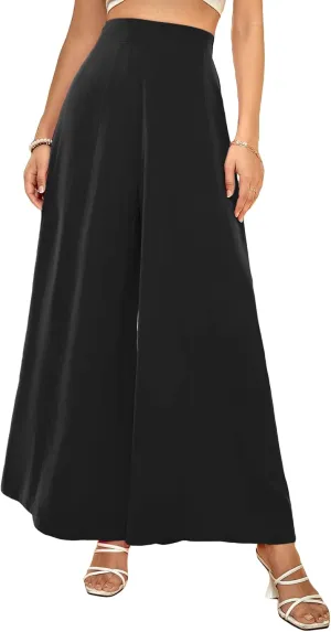 WDIRARA Women's Elastic High Waist Wide Leg Pants Casual Long Palazzo Pants