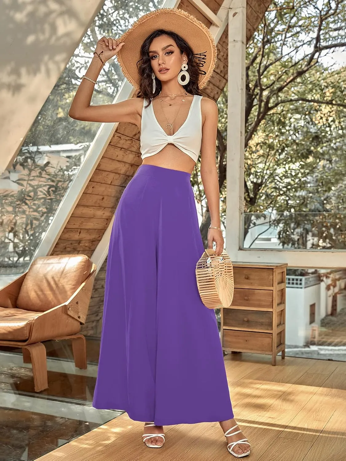 WDIRARA Women's Elastic High Waist Wide Leg Pants Casual Long Palazzo Pants