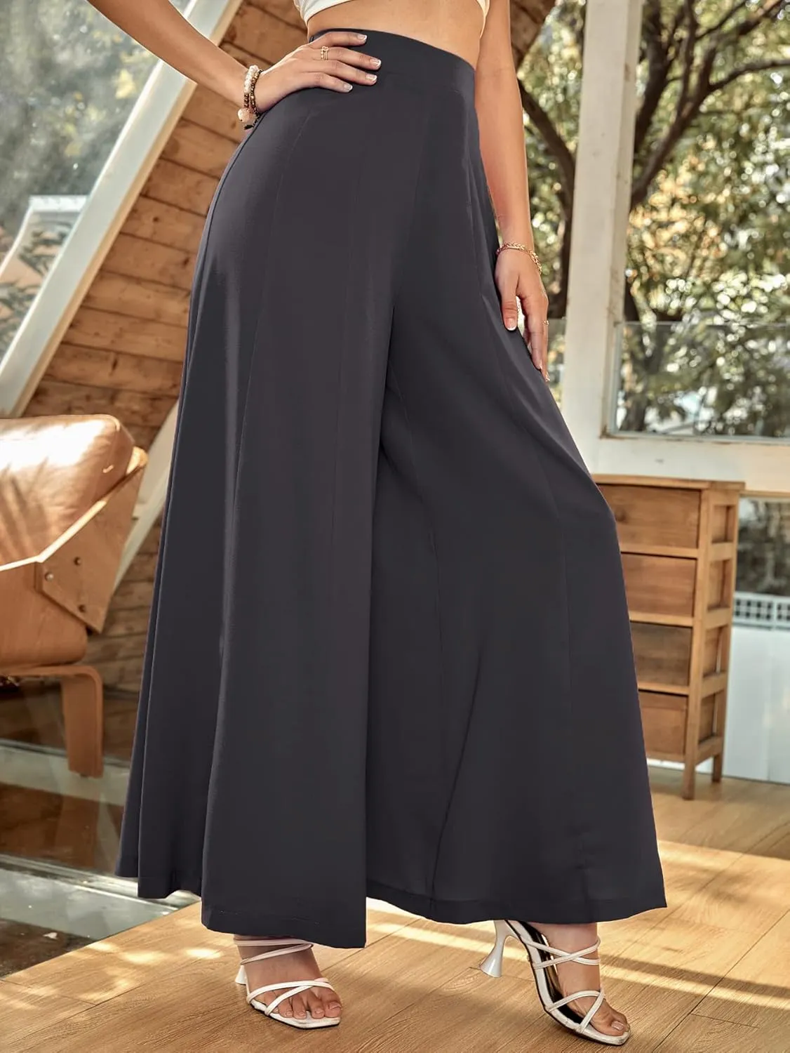 WDIRARA Women's Elastic High Waist Wide Leg Pants Casual Long Palazzo Pants