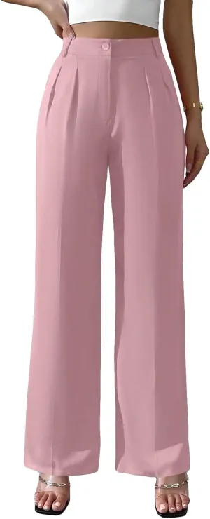 WDIRARA Women's High Waist Button Wide Leg Pants Elegant Work Pleated Pants