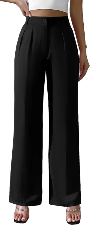 WDIRARA Women's High Waist Button Wide Leg Pants Elegant Work Pleated Pants