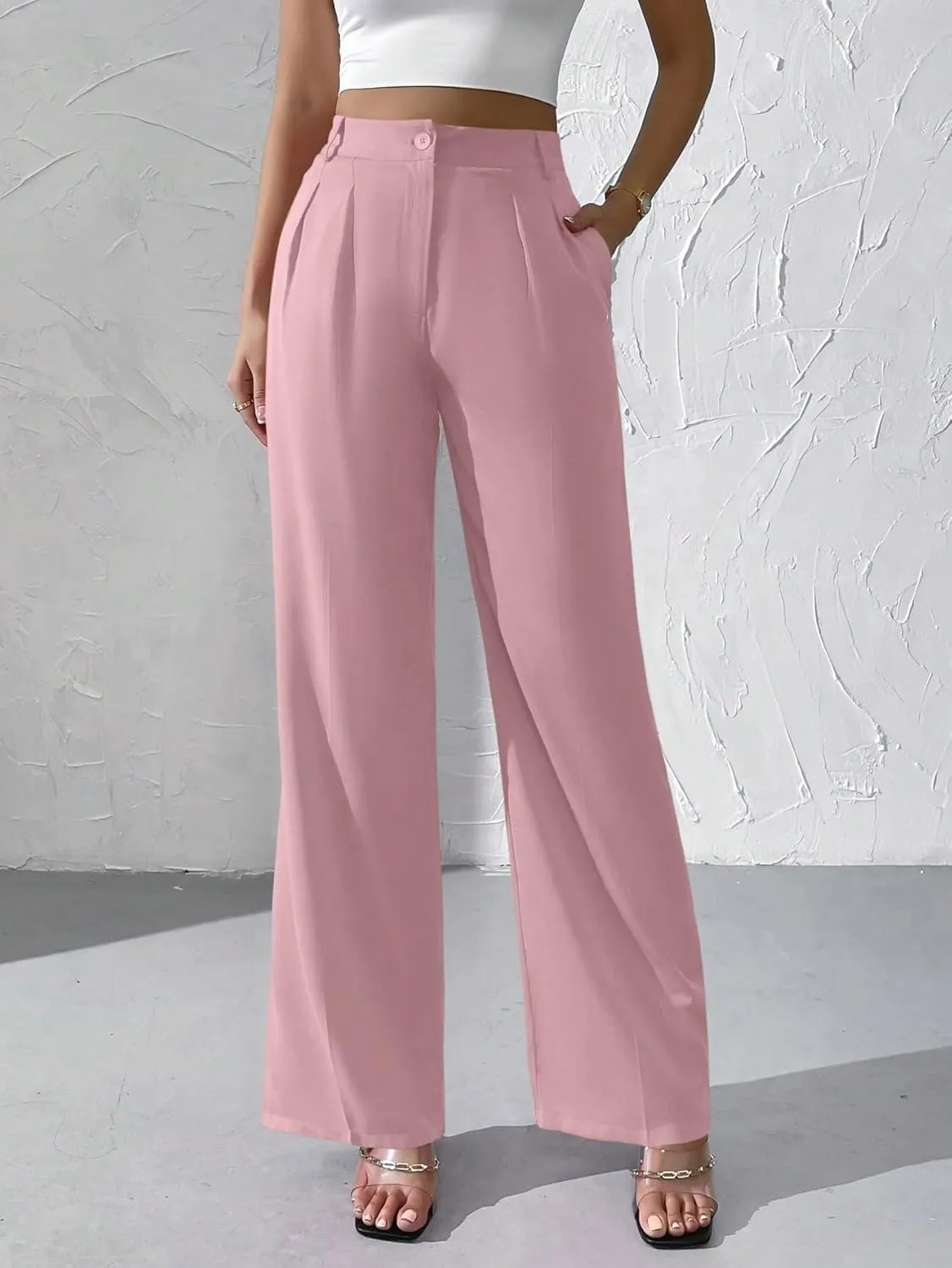 WDIRARA Women's High Waist Button Wide Leg Pants Elegant Work Pleated Pants