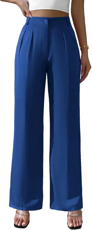 WDIRARA Women's High Waist Button Wide Leg Pants Elegant Work Pleated Pants