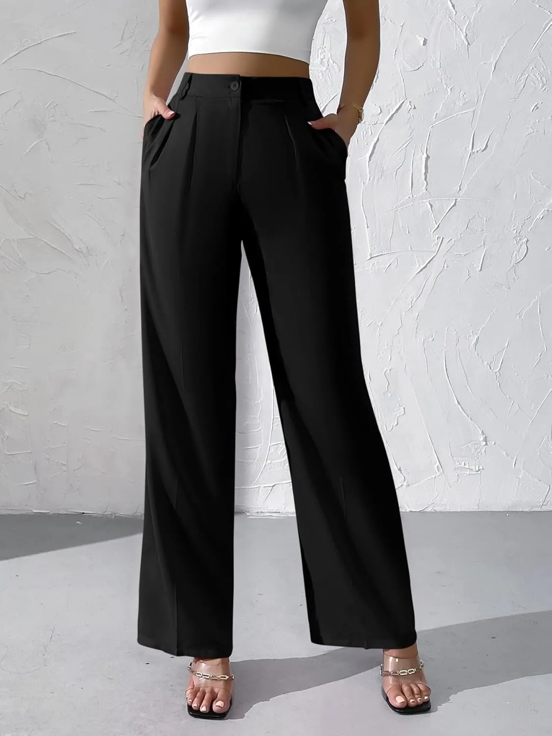 WDIRARA Women's High Waist Button Wide Leg Pants Elegant Work Pleated Pants