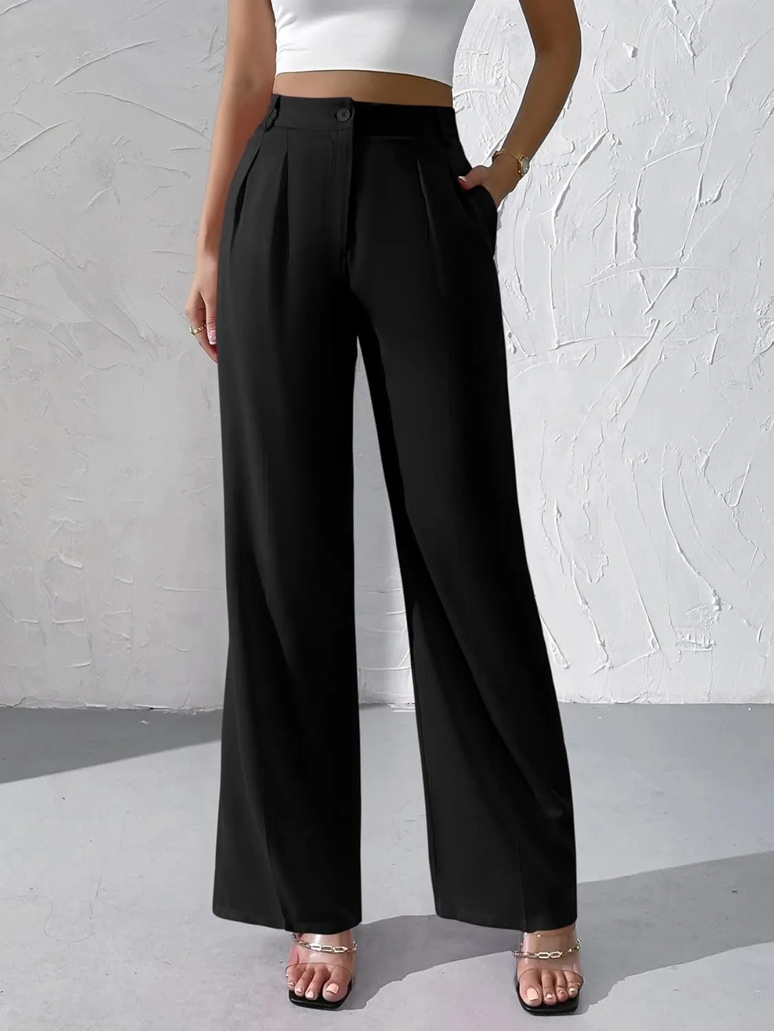 WDIRARA Women's High Waist Button Wide Leg Pants Elegant Work Pleated Pants