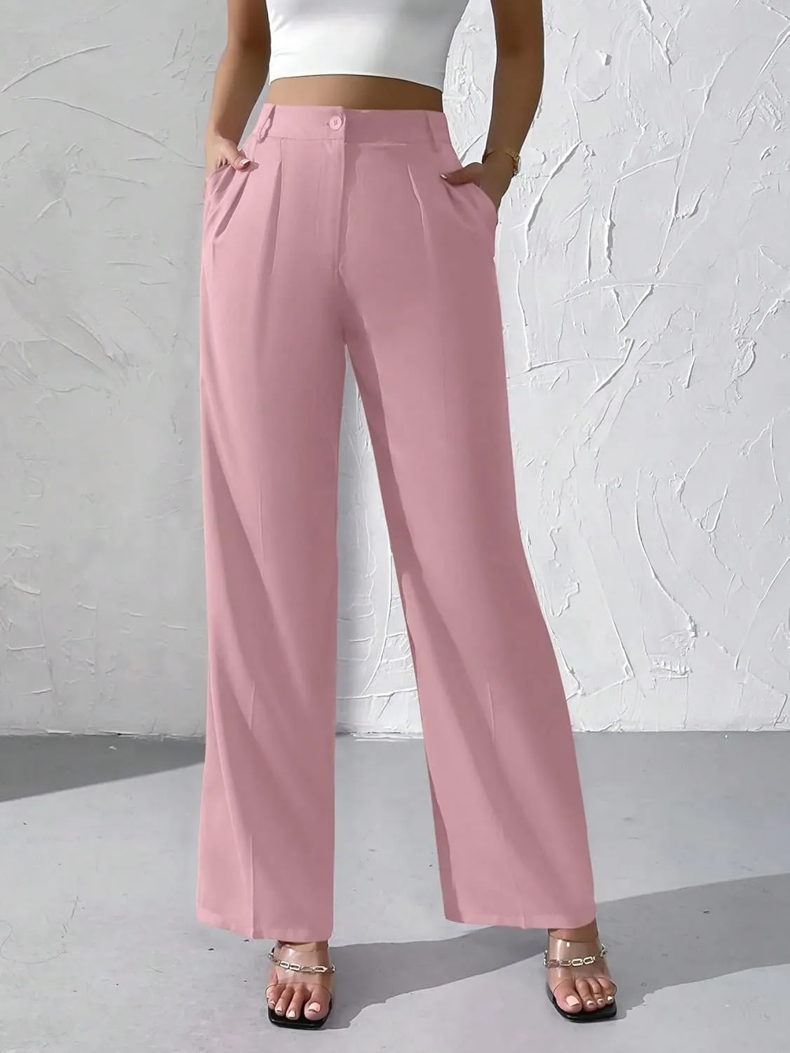 WDIRARA Women's High Waist Button Wide Leg Pants Elegant Work Pleated Pants
