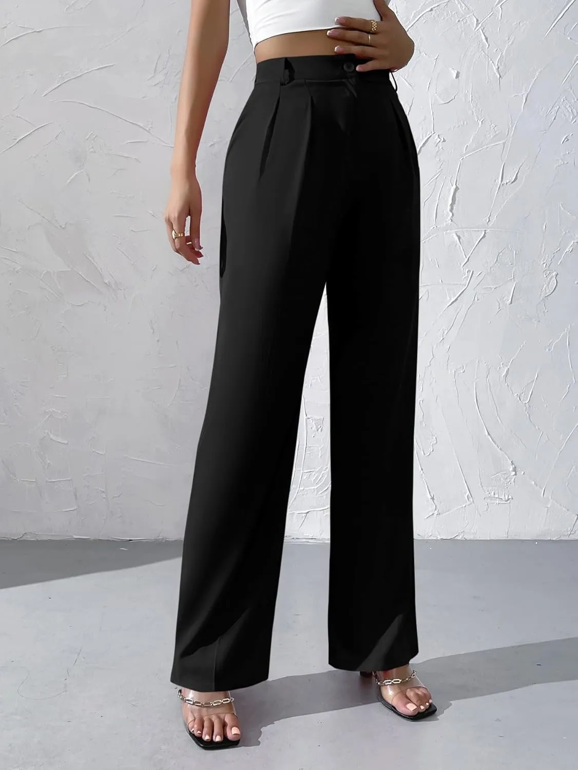 WDIRARA Women's High Waist Button Wide Leg Pants Elegant Work Pleated Pants