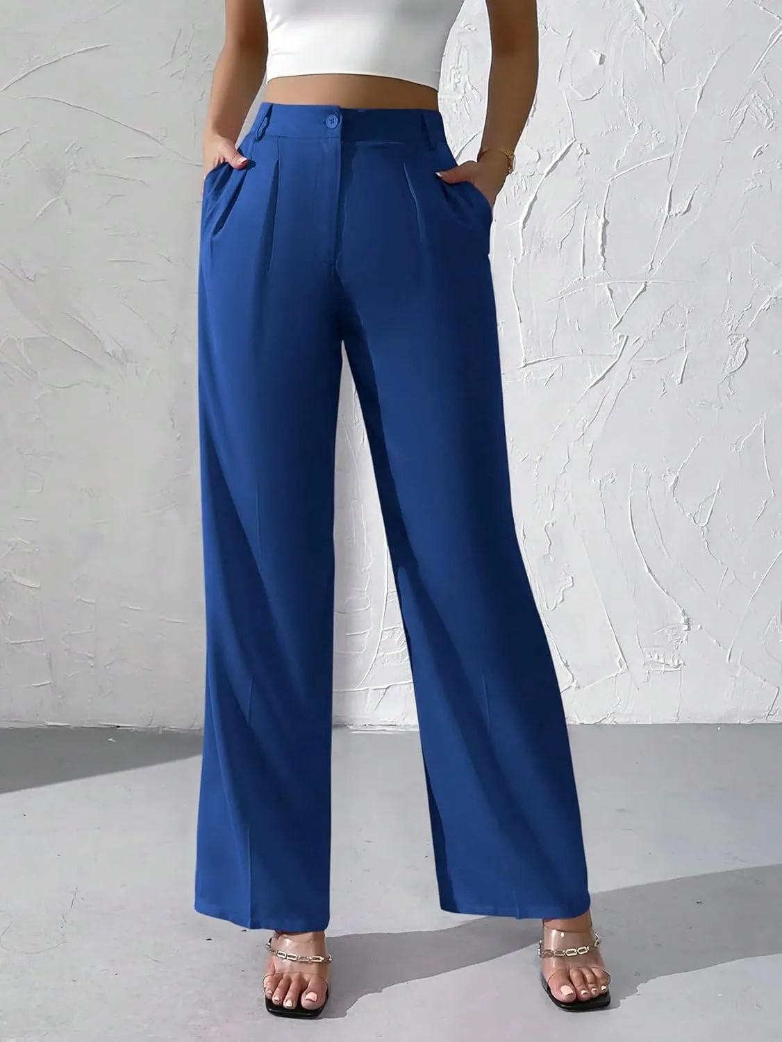 WDIRARA Women's High Waist Button Wide Leg Pants Elegant Work Pleated Pants