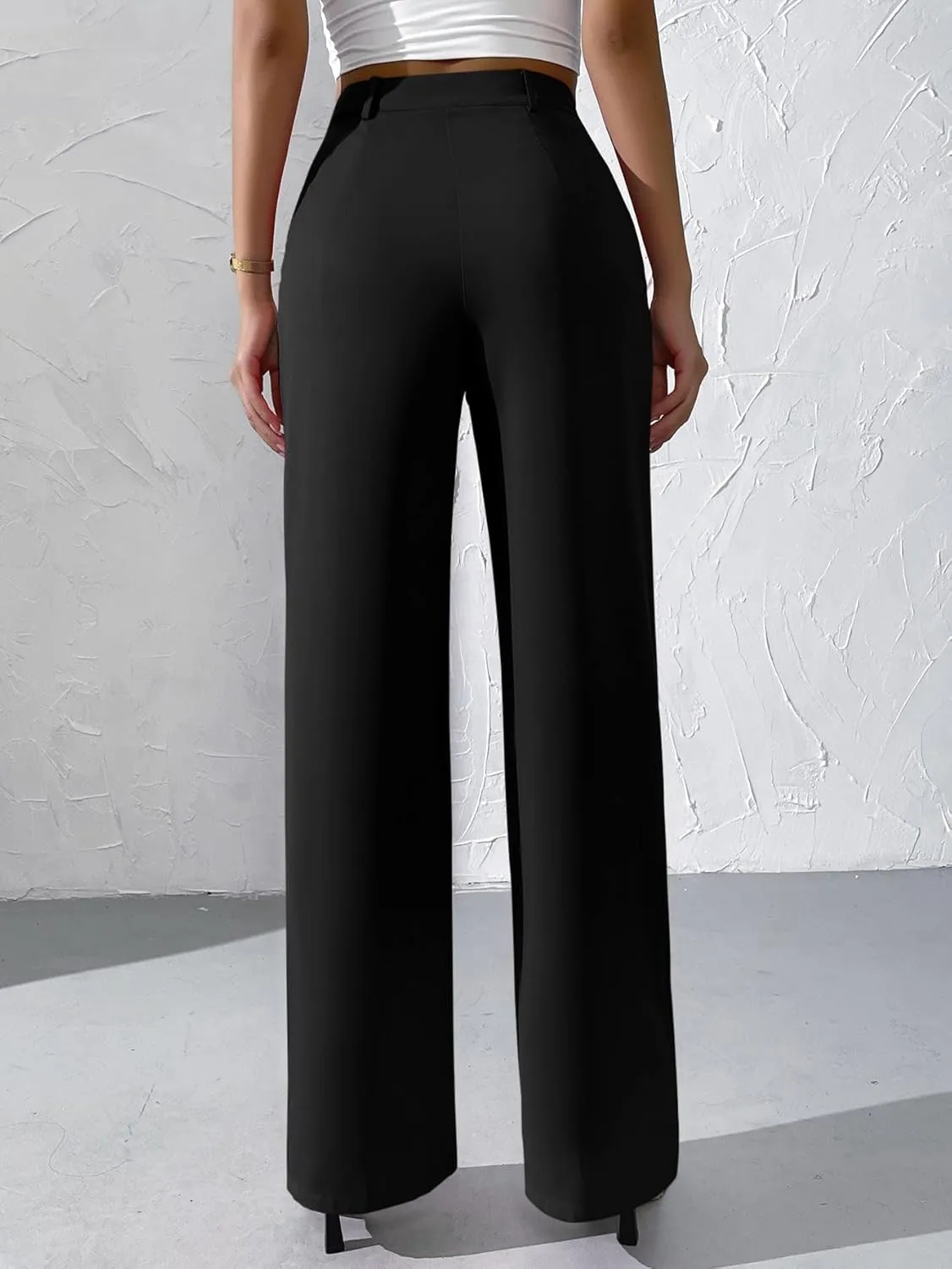 WDIRARA Women's High Waist Button Wide Leg Pants Elegant Work Pleated Pants