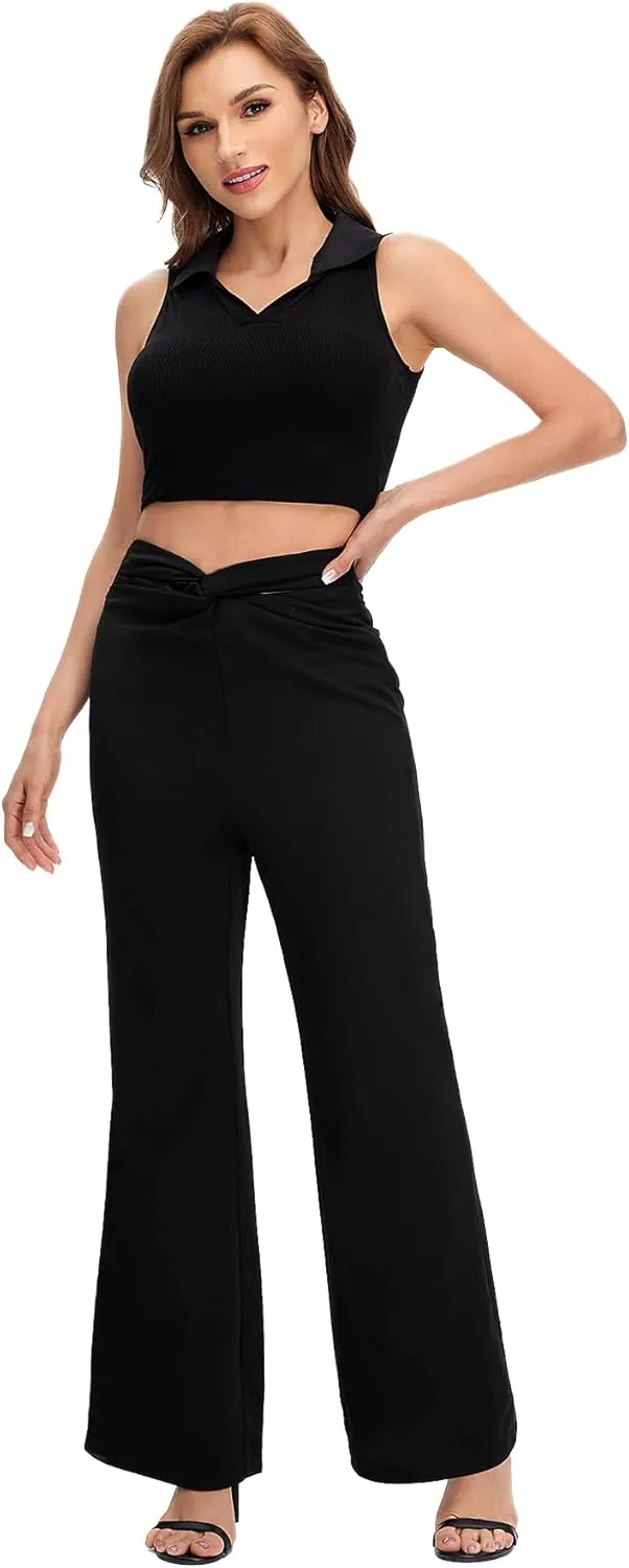 WDIRARA Women's High Waist Twist Front Ruched Flare Leg Solid Casual Long Pants