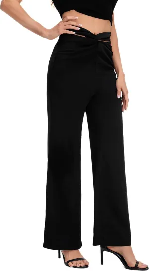 WDIRARA Women's High Waist Twist Front Ruched Flare Leg Solid Casual Long Pants