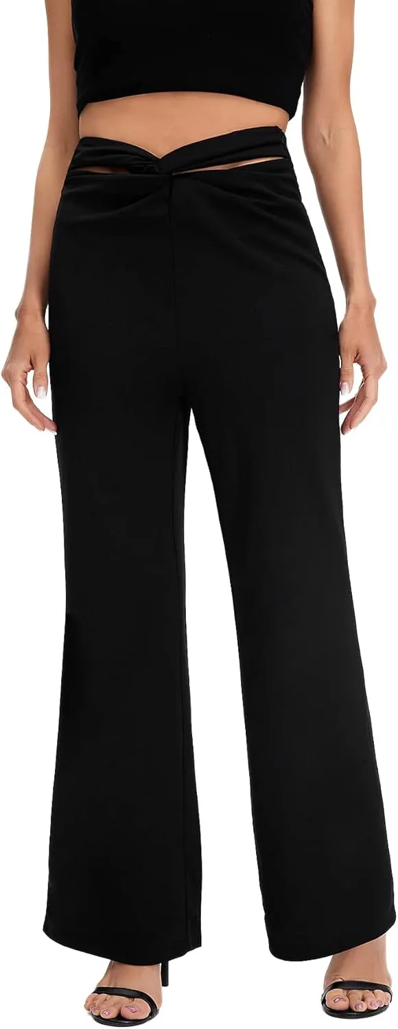WDIRARA Women's High Waist Twist Front Ruched Flare Leg Solid Casual Long Pants