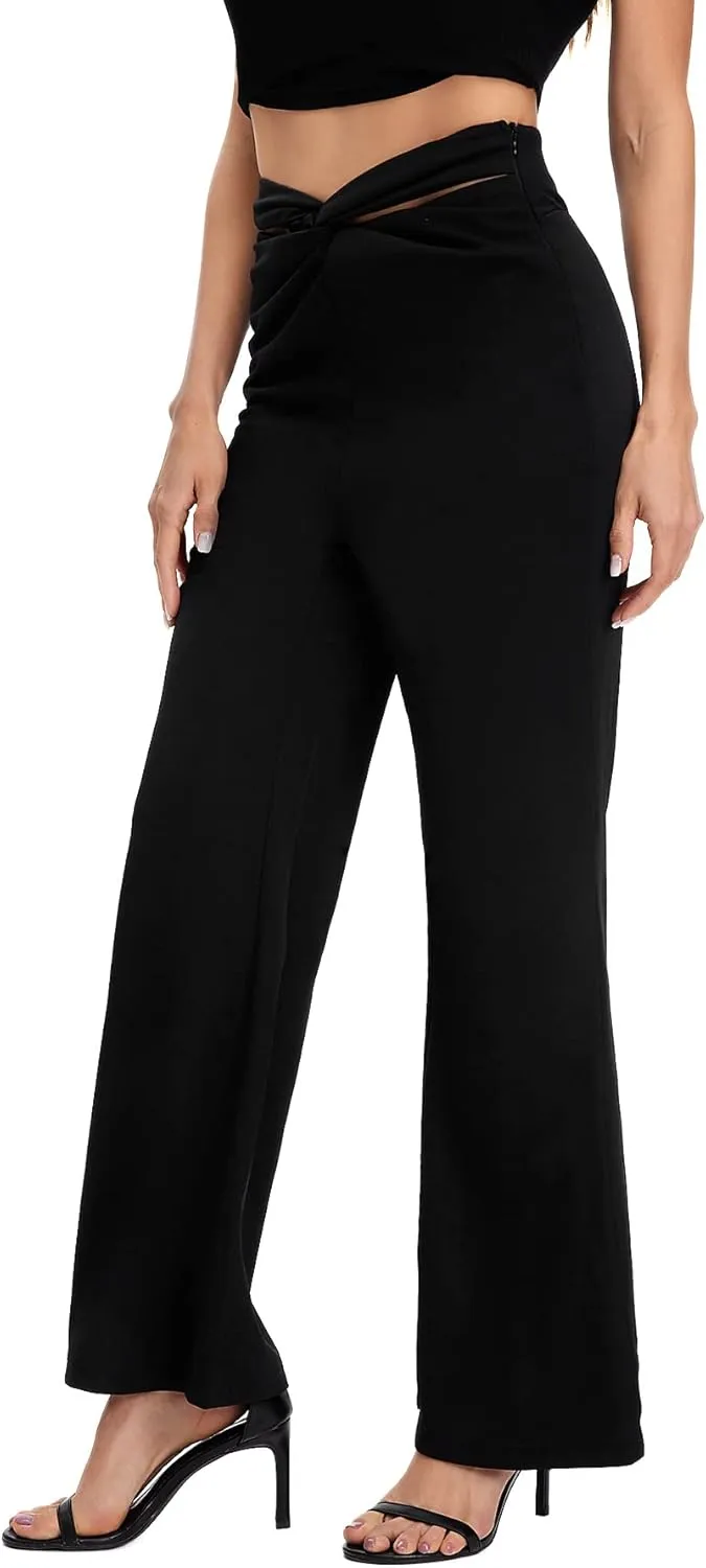 WDIRARA Women's High Waist Twist Front Ruched Flare Leg Solid Casual Long Pants