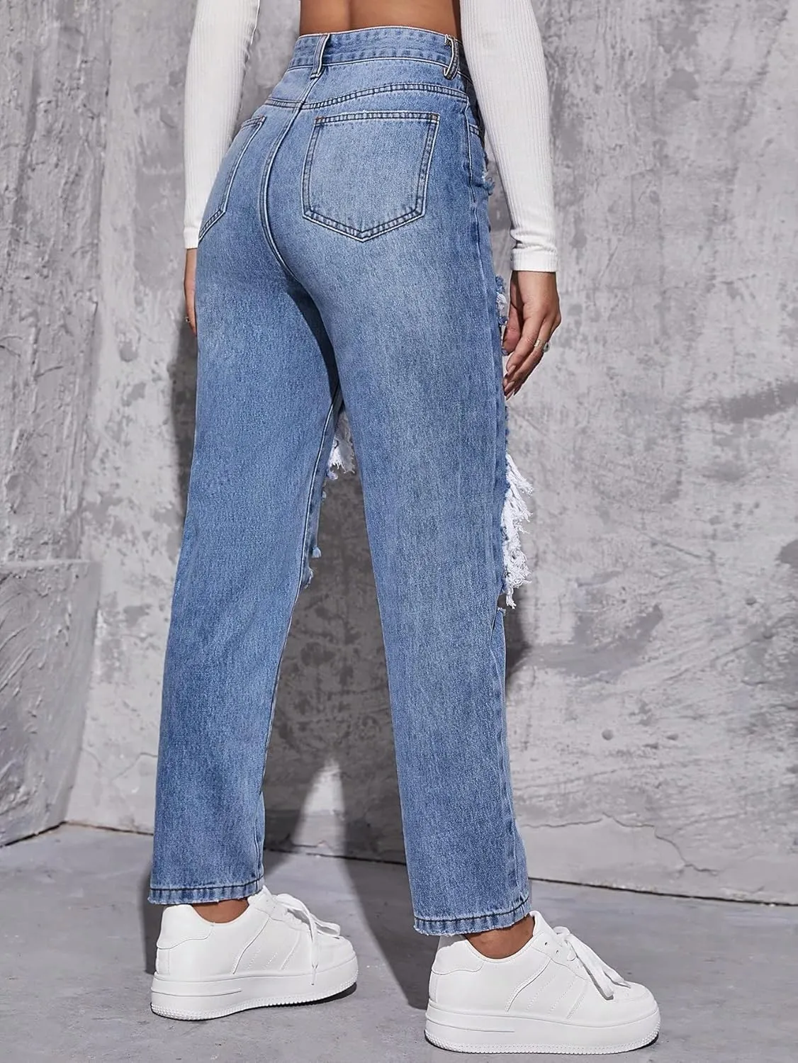 WDIRARA Women's High Waisted Ripped Raw Hem Skinny Jeans Distressed Cut Out Pants