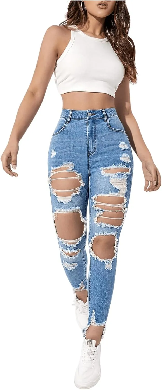 WDIRARA Women's High Waisted Ripped Raw Hem Skinny Jeans Distressed Cut Out Pants