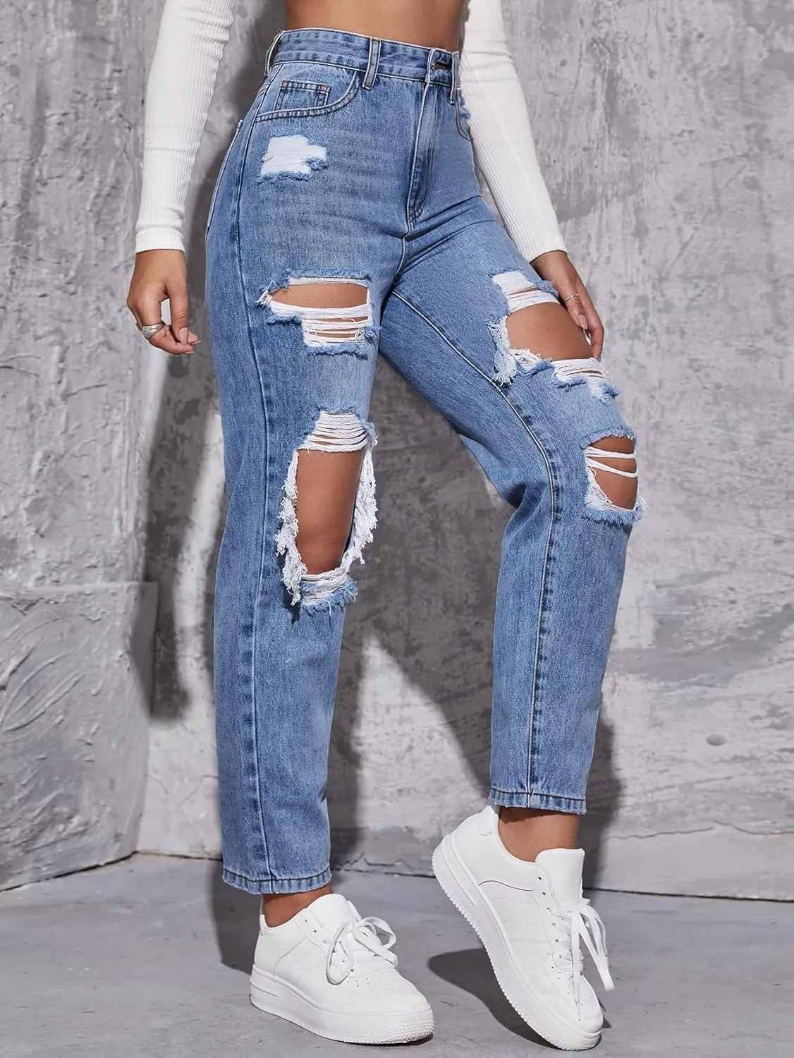 WDIRARA Women's High Waisted Ripped Raw Hem Skinny Jeans Distressed Cut Out Pants