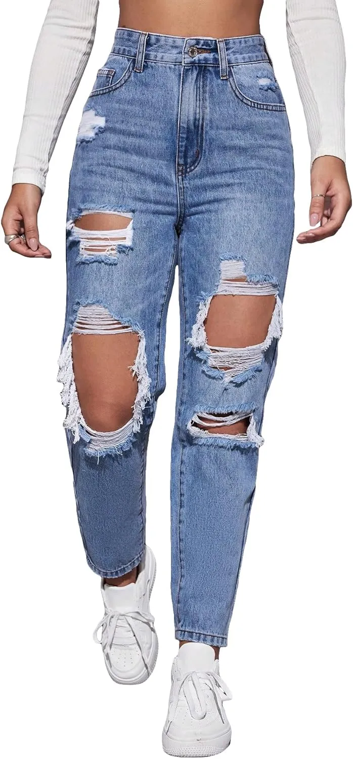 WDIRARA Women's High Waisted Ripped Raw Hem Skinny Jeans Distressed Cut Out Pants