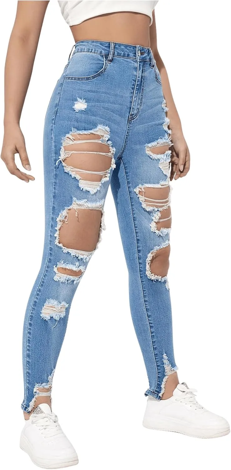 WDIRARA Women's High Waisted Ripped Raw Hem Skinny Jeans Distressed Cut Out Pants