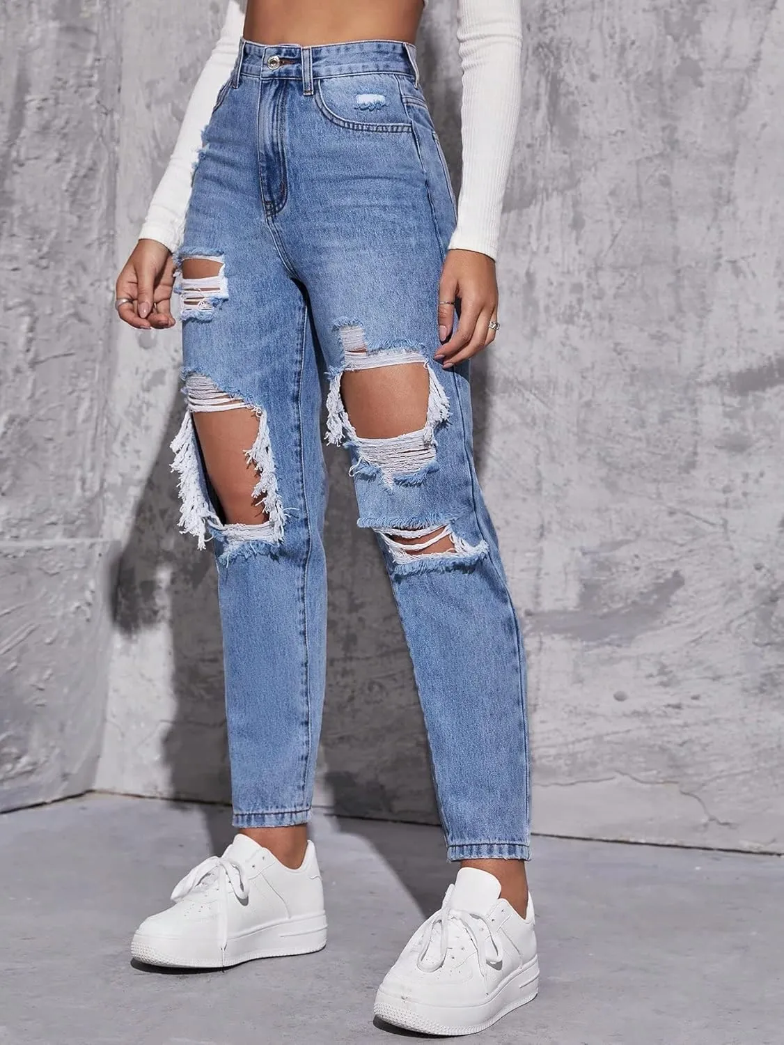 WDIRARA Women's High Waisted Ripped Raw Hem Skinny Jeans Distressed Cut Out Pants